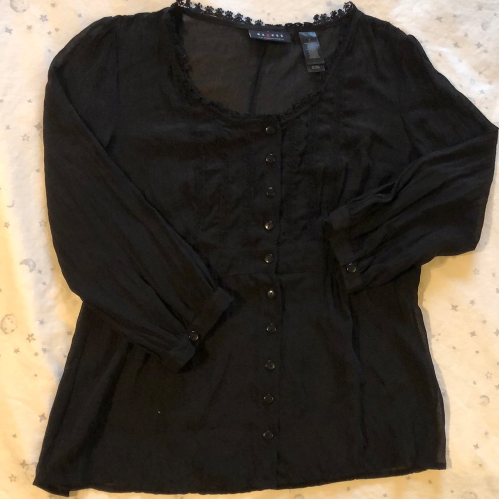 Sheer black long-sleeve button down top